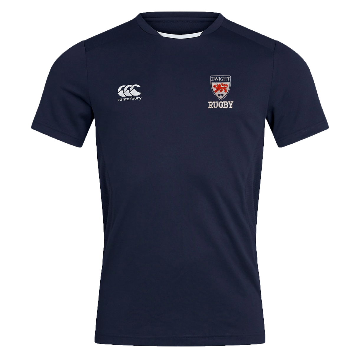 Navy blue breathable Dwight Rugby Club Dry Tee by EMB Canterbury featuring the Canterbury logo on the right chest and the Ipswich East Rugby logo on the left, incorporating Vapodri Technology for enhanced comfort.