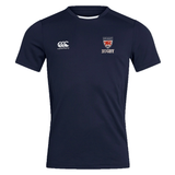 Navy blue breathable Dwight Rugby Club Dry Tee by EMB Canterbury featuring the Canterbury logo on the right chest and the Ipswich East Rugby logo on the left, incorporating Vapodri Technology for enhanced comfort.