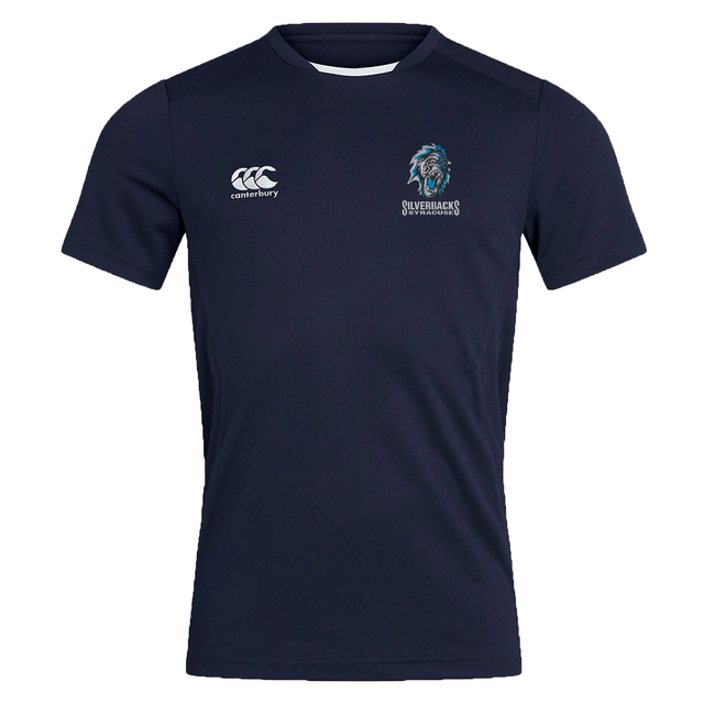 Syracuse Silverbacks Club Dry Tee by EMB Canterbury featuring a Canterbury logo on the right chest and a Silverbacks logo on the left chest, incorporating Vapodri Technology for quick drying and breathable performance.