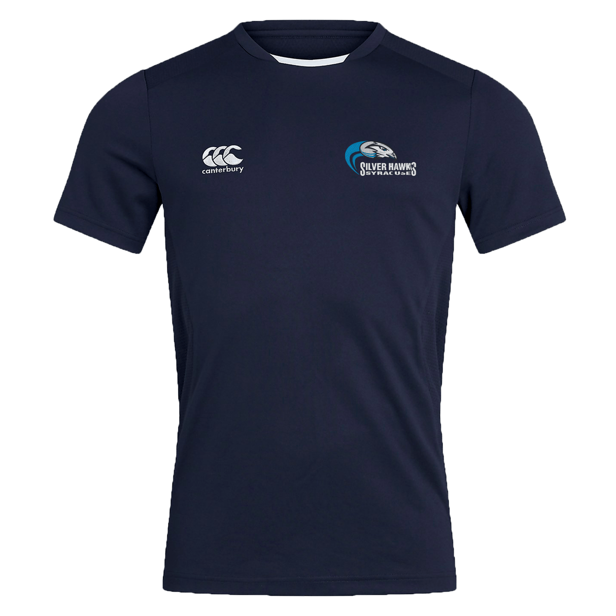 Navy blue short-sleeve Syracuse Silver Hawks Club Dry Tee by EMB Canterbury with the "Canterbury" logo on the right chest, "Silver Hawks" emblem on the left side, and Vapodri Technology for optimal comfort during workouts.
