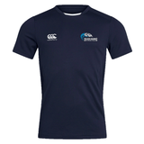Navy blue short-sleeve Syracuse Silver Hawks Club Dry Tee by EMB Canterbury with the "Canterbury" logo on the right chest, "Silver Hawks" emblem on the left side, and Vapodri Technology for optimal comfort during workouts.