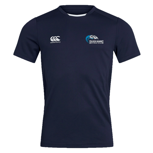 Navy blue short-sleeve Syracuse Silver Hawks Club Dry Tee by EMB Canterbury with the "Canterbury" logo on the right chest, "Silver Hawks" emblem on the left side, and Vapodri Technology for optimal comfort during workouts.
