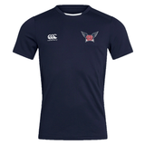 Navy blue short-sleeve sports jersey with white "Canterbury" logo on the right chest and a colorful "OSI" logo with wings on the left chest. This stylish University of Southern Indiana Club Dry Tee by Canterbury is enhanced with Vapodri Technology to keep you cool and comfortable.