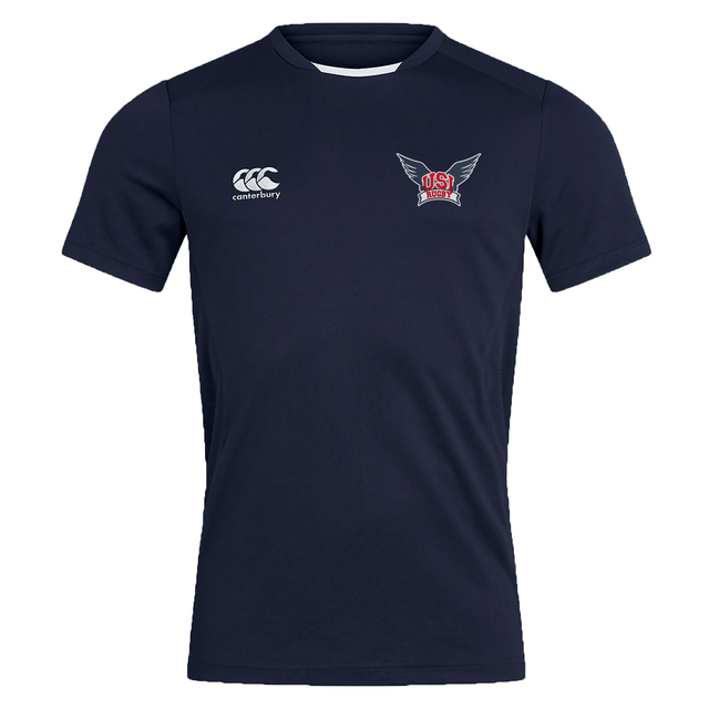 Navy blue short-sleeve sports jersey with white "Canterbury" logo on the right chest and a colorful "OSI" logo with wings on the left chest. This stylish University of Southern Indiana Club Dry Tee by Canterbury is enhanced with Vapodri Technology to keep you cool and comfortable.