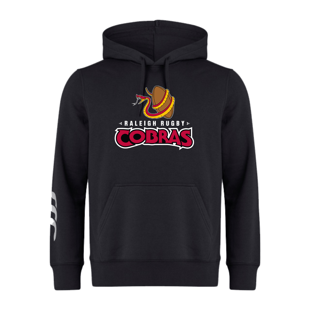 A WRS Canterbury black Raleigh Cobras Rugby Club Hoodie with a red and white WRS Canterbury Raleigh Cobras rugby club logo on it.