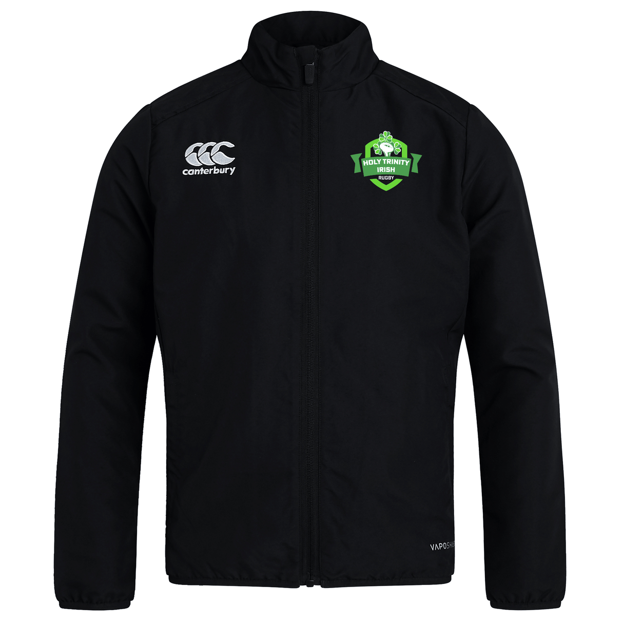 The Holy Trinity Rugby Canterbury Club Track Jacket by WRS Canterbury is a durable black jacket with a lightweight feel. It features a green logo on the front.