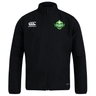 The Holy Trinity Rugby Canterbury Club Track Jacket by WRS Canterbury is a durable black jacket with a lightweight feel. It features a green logo on the front.
