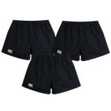 The Canterbury Professional Cotton Short 3-Pack Bundle by Bundle includes three black rugby shorts with elastic waistbands and white logos on the left legs, shown against a white background.