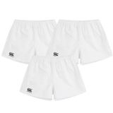 The Canterbury Professional Cotton Short 3-Pack Bundle includes three pairs of white rugby shorts with elastic waistbands and a black Canterbury logo on the left leg.