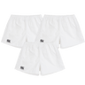 The Canterbury Professional Cotton Short 3-Pack Bundle includes three pairs of white rugby shorts with elastic waistbands and a black Canterbury logo on the left leg.