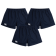 The Canterbury Professional Cotton Short 3-Pack Bundle by Bundle features three navy blue rugby shorts with elastic waistbands and a white Canterbury logo on the left leg, displayed on a white background.