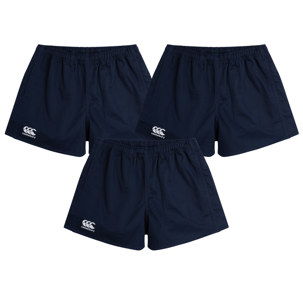 The Canterbury Professional Cotton Short 3-Pack Bundle by Bundle features three navy blue rugby shorts with elastic waistbands and a white Canterbury logo on the left leg, displayed on a white background.