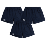 The Canterbury Professional Cotton Short 3-Pack Bundle by Bundle features three navy blue rugby shorts with elastic waistbands and a white Canterbury logo on the left leg, displayed on a white background.