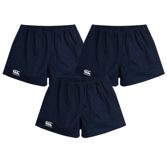 The Canterbury Professional Cotton Short 3-Pack Bundle by Bundle features three navy blue rugby shorts with elastic waistbands and a white Canterbury logo on the left leg, displayed on a white background.