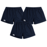 The Canterbury Professional Cotton Short 3-Pack Bundle by Bundle features three navy blue rugby shorts with elastic waistbands and a white Canterbury logo on the left leg, displayed on a white background.