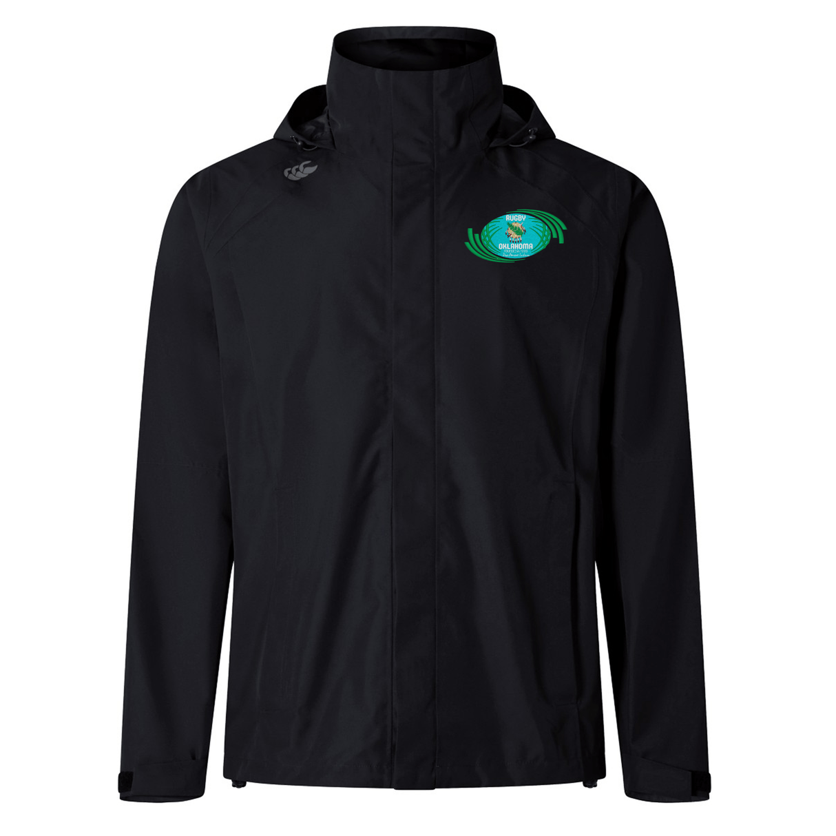 Rugby Oklahoma Elite Storm Jacket by EMB Canterbury with a hood and a bright green circular logo on the left chest area.