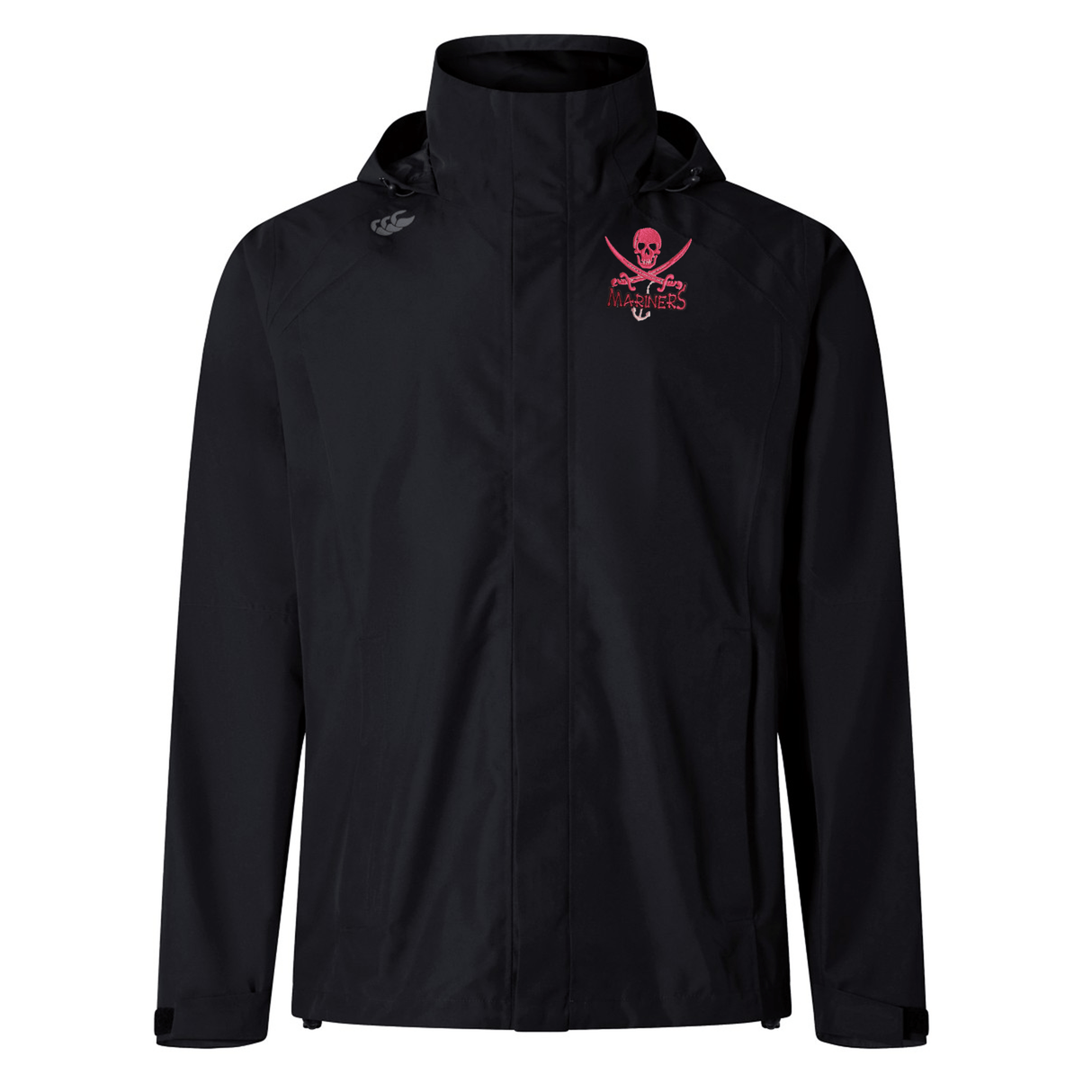 Black waterproof sports jacket with a hood and a red and white skull logo on the left chest, isolated on a white background, EMB Canterbury's SUNY Maritime Elite Storm Jacket.