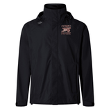 A black Concord Carlisle Rugby Elite Storm Jacket by EMB Canterbury with a zipper and the "ccric rugby" logo embroidered on the left chest, crafted from Vaposhield performance fabric.