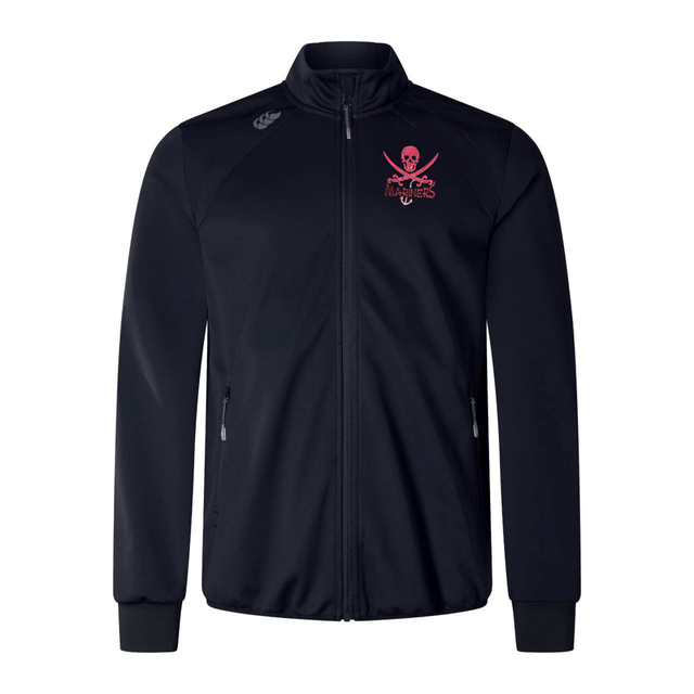 Black SUNY Maritime Elite Windstopper Jacket with a zip front and a red skull and crossbones logo on the left chest, set against a white background by EMB Canterbury.