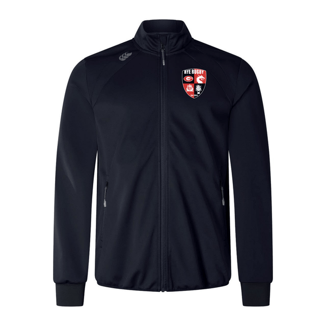 Rye High School Rugby Elite Windstopper Jacket with long sleeves and a logo on the left chest featuring a red and white crest, displayed on a plain white background by EMB Canterbury.