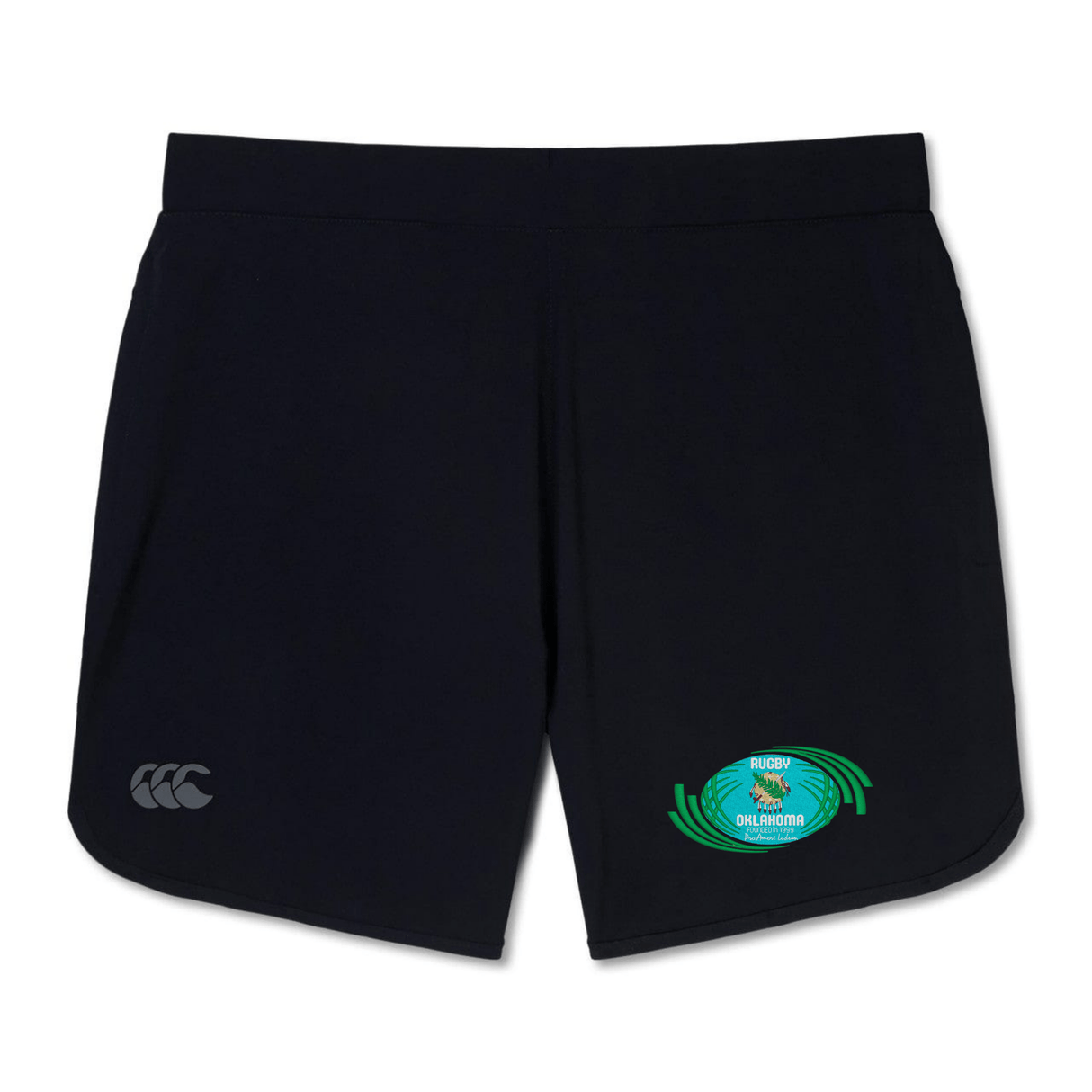 Navy blue athletic training shorts with a green and blue Rugby Oklahoma Elite Woven Short by EMB Canterbury logo on the left leg and a Canterbury logo on the right, featuring zippered pockets.