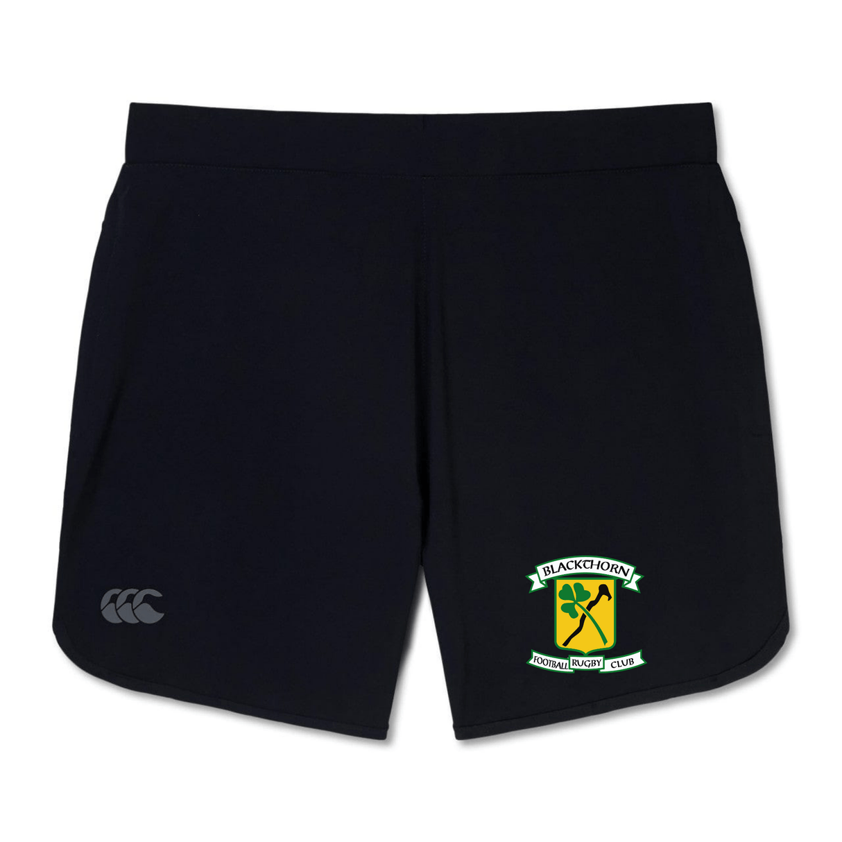 Blackthorn RFC Elite Woven shorts by EMB Canterbury with an embroidered logo of Blackthorn Rugby Club on the left leg, featuring zipped pockets and displayed on a white background.
