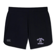 Black Ardrey Kell Rugby Elite Woven Short by EMB Canterbury featuring a "Knights Rugby" logo on the lower left side and a Canterbury logo on the lower right side, perfect for enhancing your training experience.
