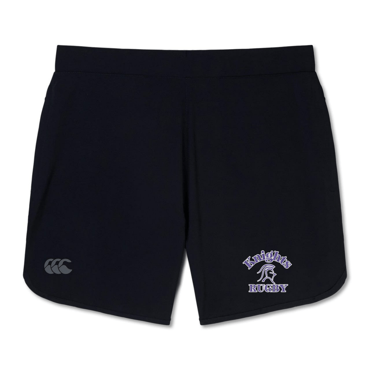 Black Ardrey Kell Rugby Elite Woven Short by EMB Canterbury featuring a "Knights Rugby" logo on the lower left side and a Canterbury logo on the lower right side, perfect for enhancing your training experience.
