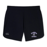 Black Ardrey Kell Rugby Elite Woven Short by EMB Canterbury featuring a "Knights Rugby" logo on the lower left side and a Canterbury logo on the lower right side, perfect for enhancing your training experience.