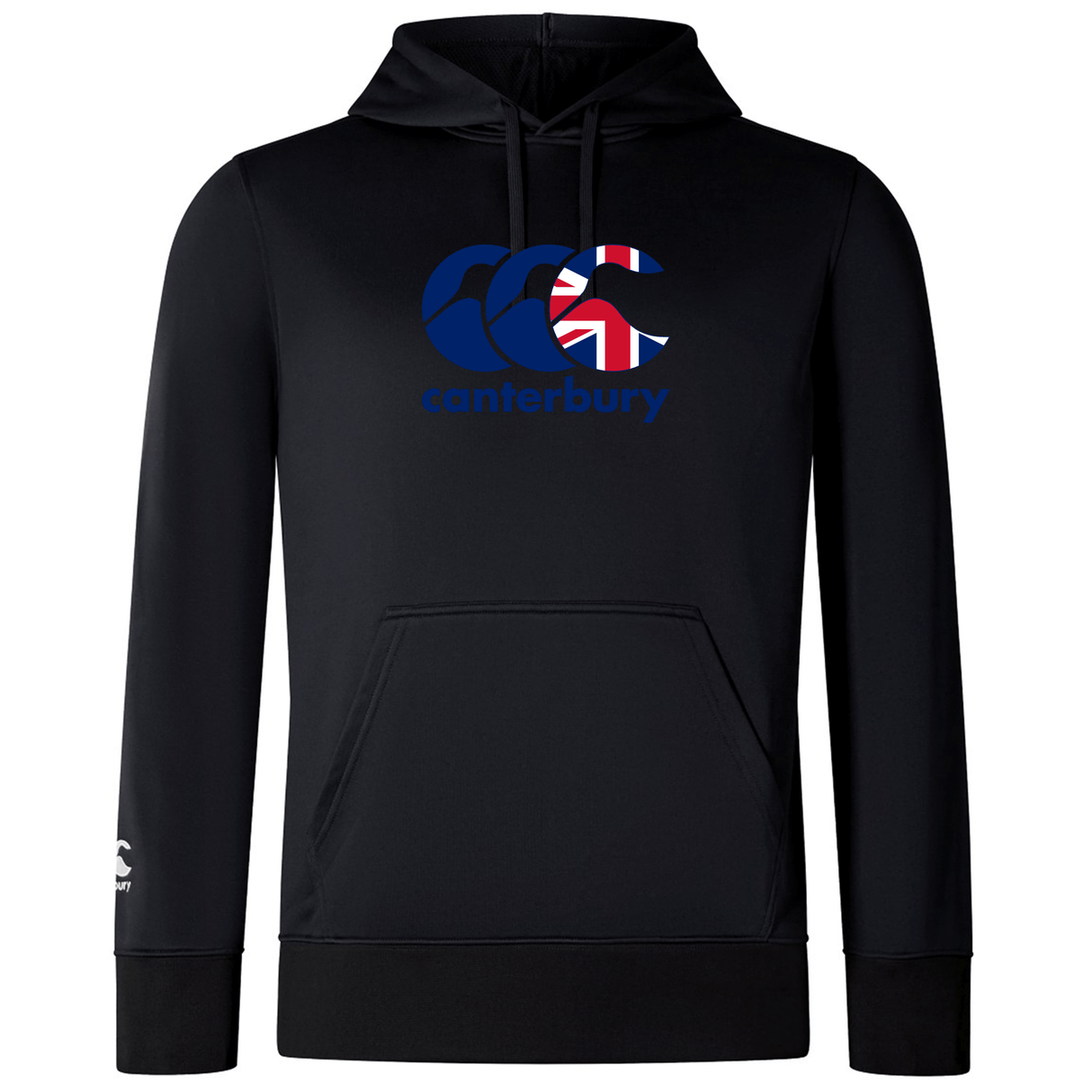The Canterbury Great Britain CCC Club Lightweight Hoodie by WRS Canterbury is crafted from polyester and features "Canterbury" text along with a Union Jack flag logo.