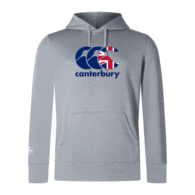 The Canterbury Great Britain CCC Club Lightweight Hoodie by WRS Canterbury is a comfortable gray polyester hoodie showcasing the logo and a Union Jack design on the chest.