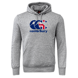 The Canterbury Great Britain CCC Flag Club Hoodie by WRS Canterbury features soft gray fleece and displays the iconic blue CCC logo with a stylized flag design.