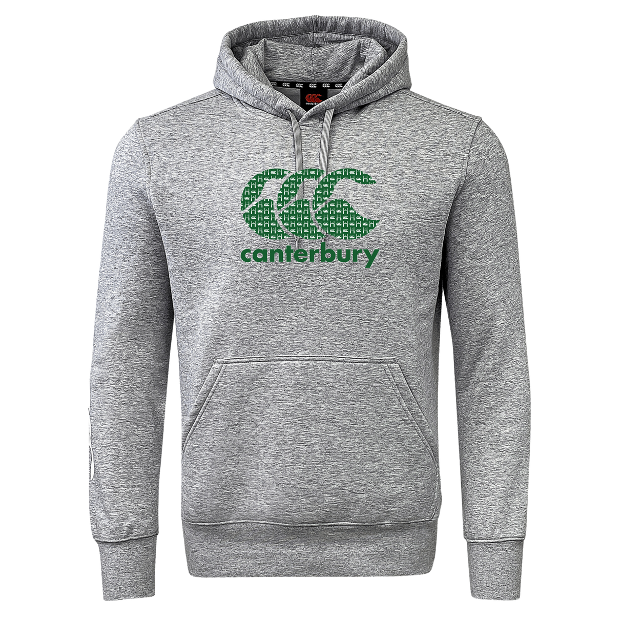 The WRS Canterbury Goal Post CCC Club Hoodie comes in gray, showcasing a green CCC logo on the front, Canterbury branding on the sleeve, and a handy front pocket.