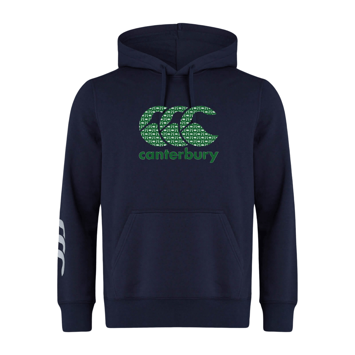 Navy blue Canterbury Goal Post CCC Club Hoodie by WRS Canterbury, featuring a green "Canterbury" logo on the front and white Canterbury branding on the left sleeve.
