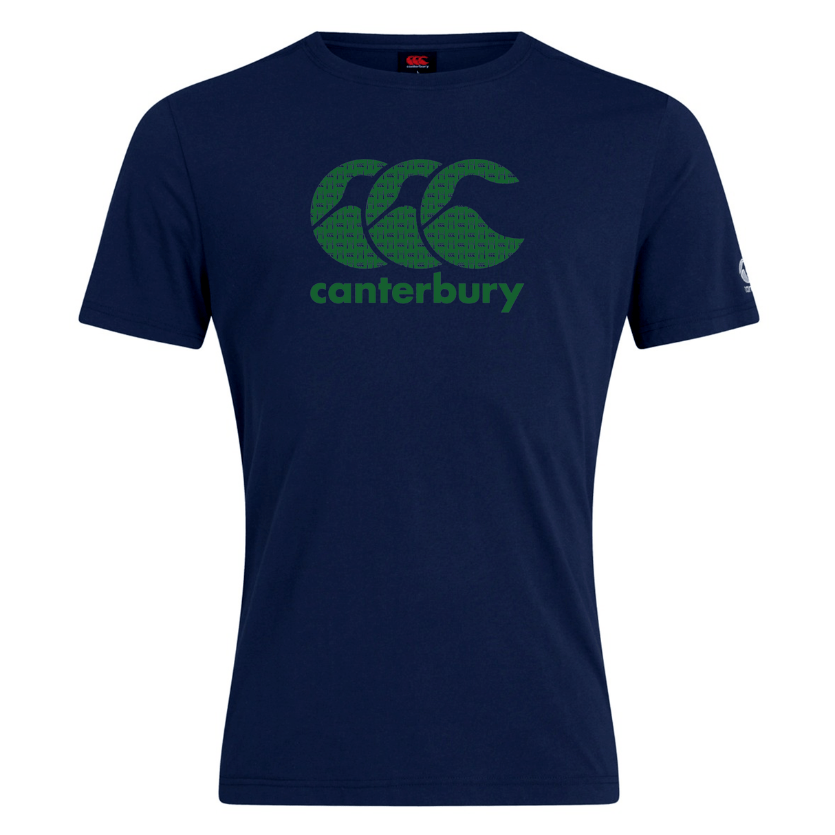 The navy Canterbury CCC Goal Post Club T-shirt by WRS Canterbury features the iconic green CCC Kiwi logo and "Canterbury" branding prominently on the front.