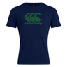 The navy Canterbury CCC Goal Post Club T-shirt by WRS Canterbury features the iconic green CCC Kiwi logo and "Canterbury" branding prominently on the front.