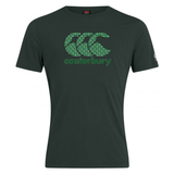 The Canterbury CCC Goal Post Club Plain T-shirt by WRS Canterbury, in dark green, features the iconic "Canterbury" wordmark and the unique three overlapping C's logo in green and white on the front, reflecting the heritage of the CCC Kiwi logo.