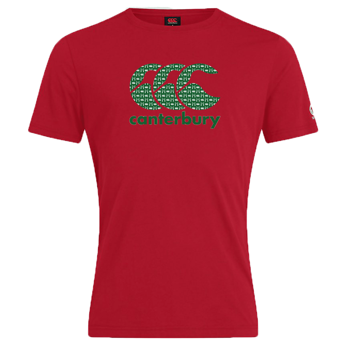 Red Canterbury CCC Goal Post Club Plain T-shirt with a vibrant green Kiwi logo and WRS Canterbury branding on the front.