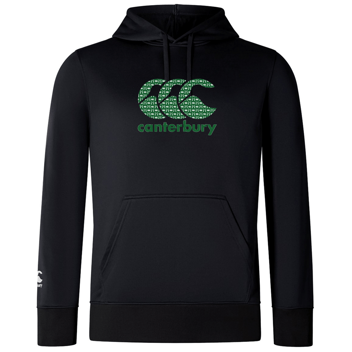 The WRS Canterbury Goal Post CCC Club Hoodie is a lightweight black piece with a green logo on the front, featuring a kangaroo pocket and hood.