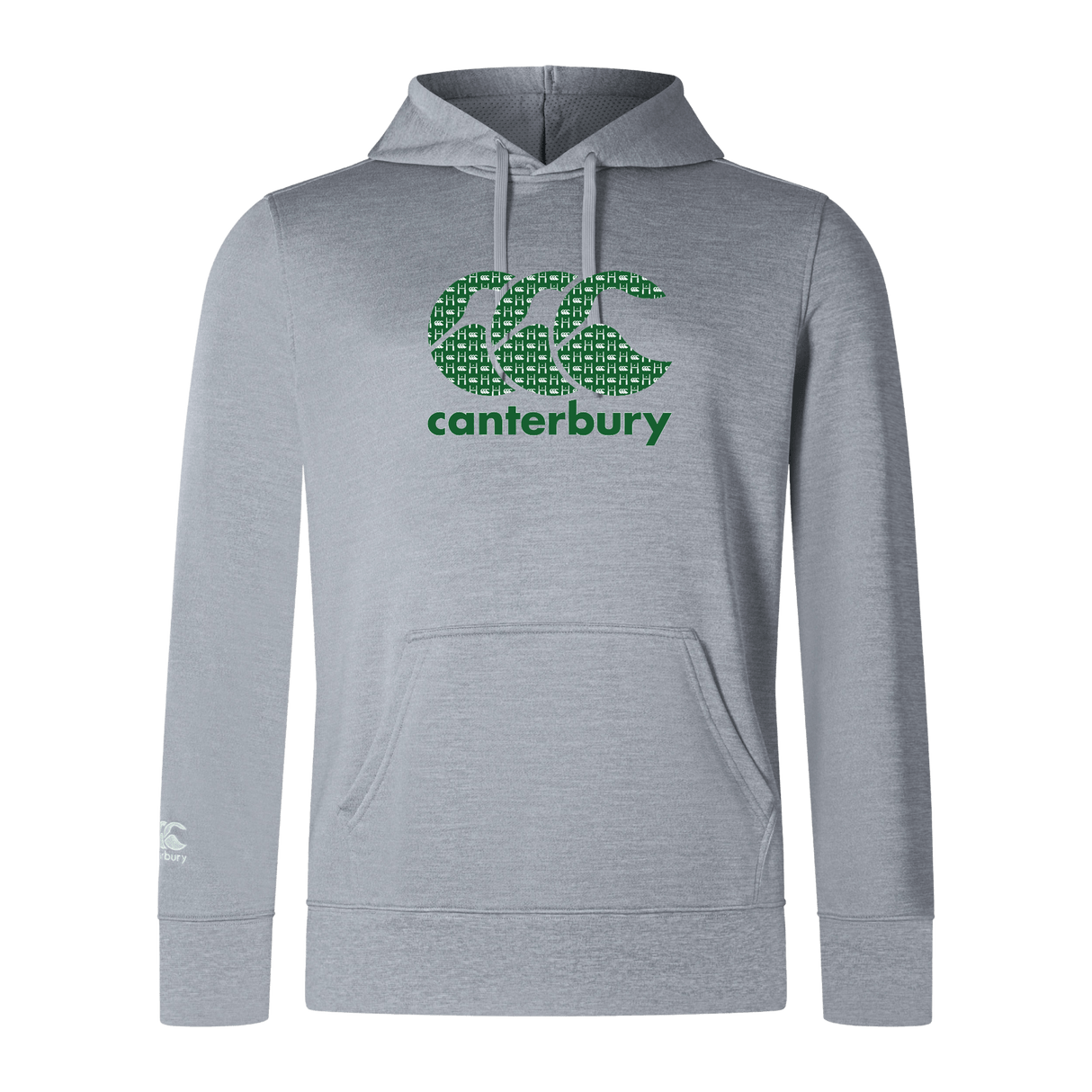 The Canterbury Goal Post CCC Club Lightweight Hoodie from WRS Canterbury is gray, with a green "CCC" logo and a convenient front pocket.