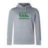 The Canterbury Goal Post CCC Club Lightweight Hoodie from WRS Canterbury is gray, with a green "CCC" logo and a convenient front pocket.