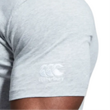 Close-up of a person's arm wearing a light gray WRS Canterbury Colorado CCC Flag Club T-shirt with a white Canterbury logo printed on the sleeve.