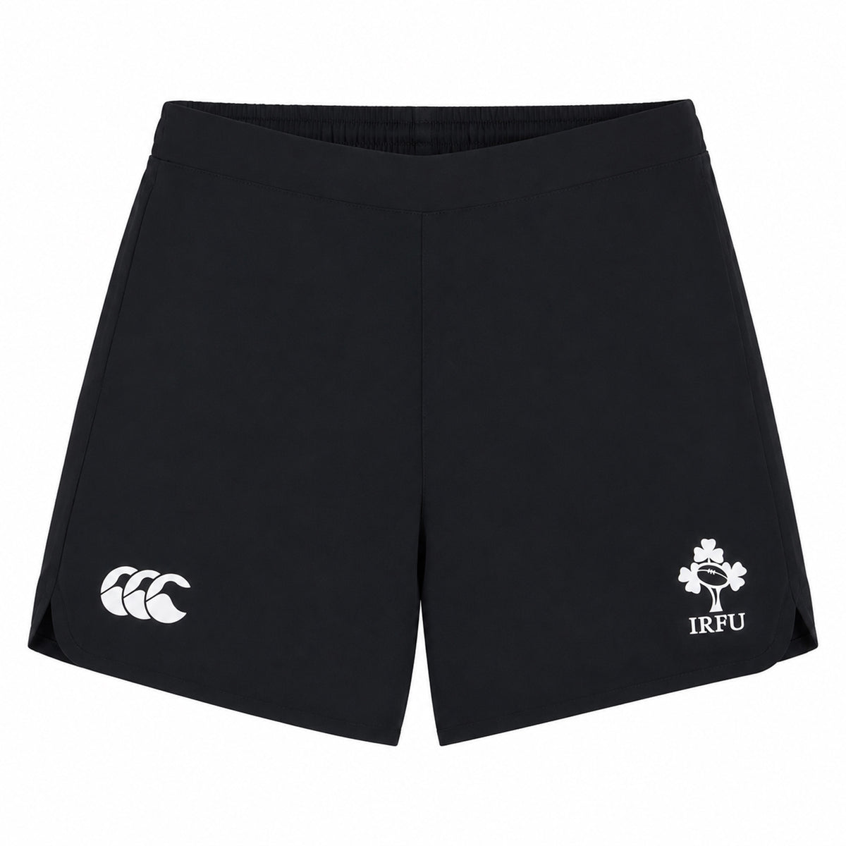 The Women’s Ireland 26 6″ Woven Gym Short by Canterbury features an elastic waistband, the Canterbury logo on the left leg, and the IRFU shamrock emblem on the right leg—ideal for women looking for stylish and high-performance Ireland gym or rugby shorts.