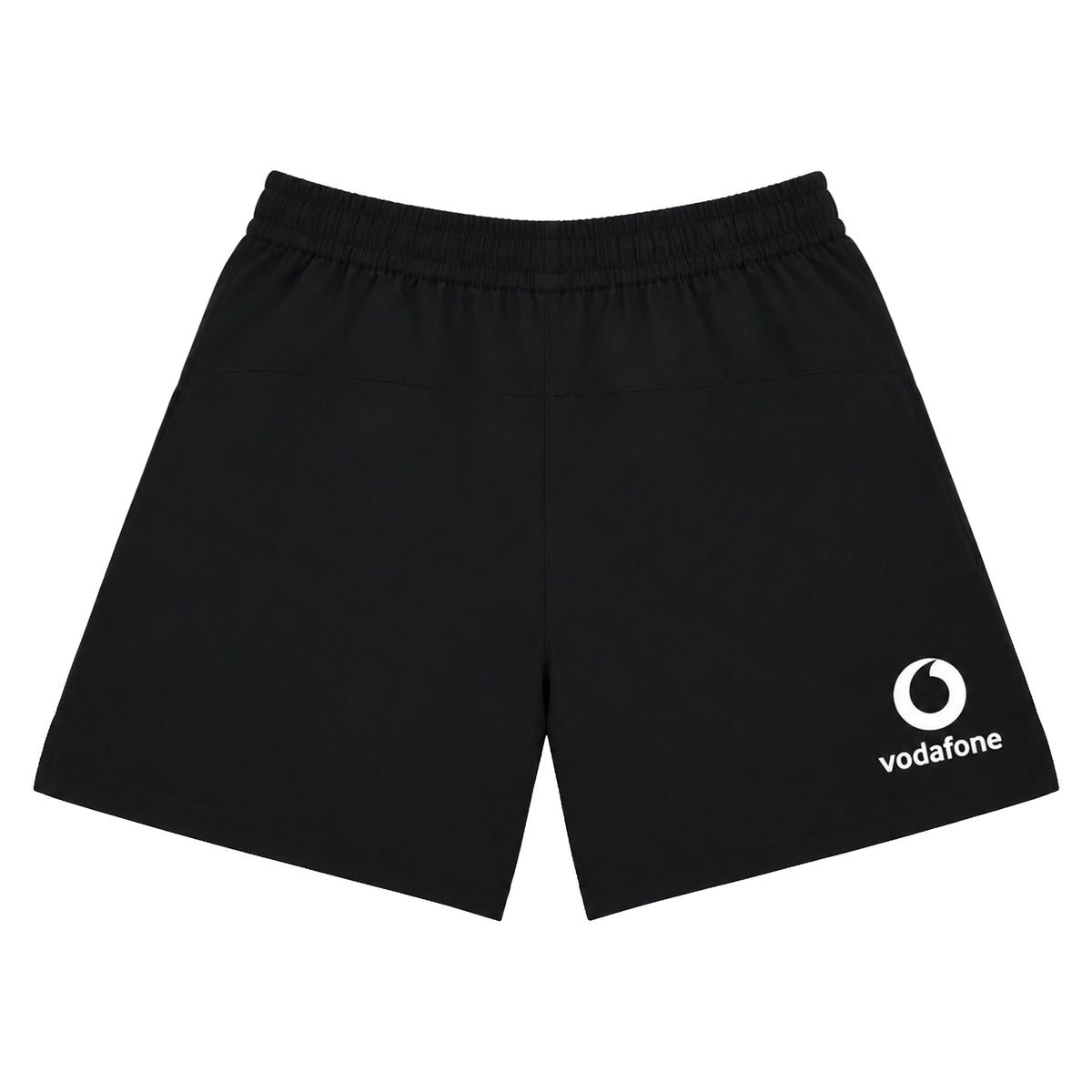 The Ireland 26 5″ Woven Gym Short by Canterbury are black athletic shorts with an elastic waistband and feature a white Vodafone logo on the lower left leg. Designed by Canterbury, these woven gym shorts have a comfortable 5 inch inseam for optimal mobility—making them perfect for Ireland rugby gym sessions. Displayed on a plain white background.