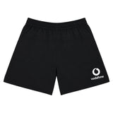 The Ireland 26 5″ Woven Gym Short by Canterbury are black athletic shorts with an elastic waistband and feature a white Vodafone logo on the lower left leg. Designed by Canterbury, these woven gym shorts have a comfortable 5 inch inseam for optimal mobility—making them perfect for Ireland rugby gym sessions. Displayed on a plain white background.