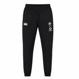 The Ireland 25/26 Gym Training Pant by Canterbury features black athletic pants with white Canterbury, IRFU, and Vodafone logos on the upper thighs. Displayed on a plain white background, these authentic Canterbury rugby pants are an essential part of Ireland Rugby training wear—perfect for fans seeking official gym training attire.
