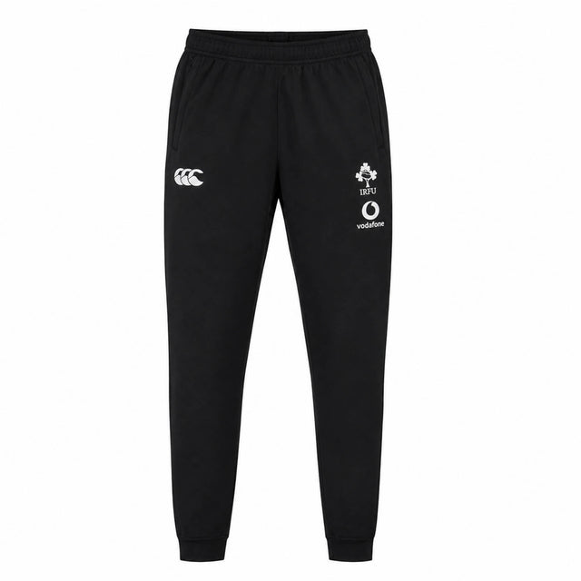 The Ireland 25/26 Gym Training Pant by Canterbury features black athletic pants with white Canterbury, IRFU, and Vodafone logos on the upper thighs. Displayed on a plain white background, these authentic Canterbury rugby pants are an essential part of Ireland Rugby training wear—perfect for fans seeking official gym training attire.
