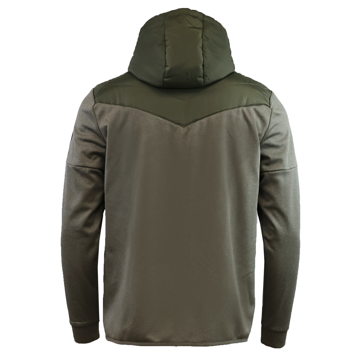 Back view of the Canterbury Ireland 25/26 Hybrid Padded Jacket in olive green, featuring a padded upper, straight hem, water resistant fabric, and ThermoReg heat retention for extra warmth.