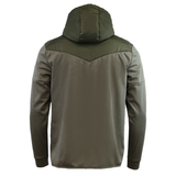 Back view of the Canterbury Ireland 25/26 Hybrid Padded Jacket in olive green, featuring a padded upper, straight hem, water resistant fabric, and ThermoReg heat retention for extra warmth.