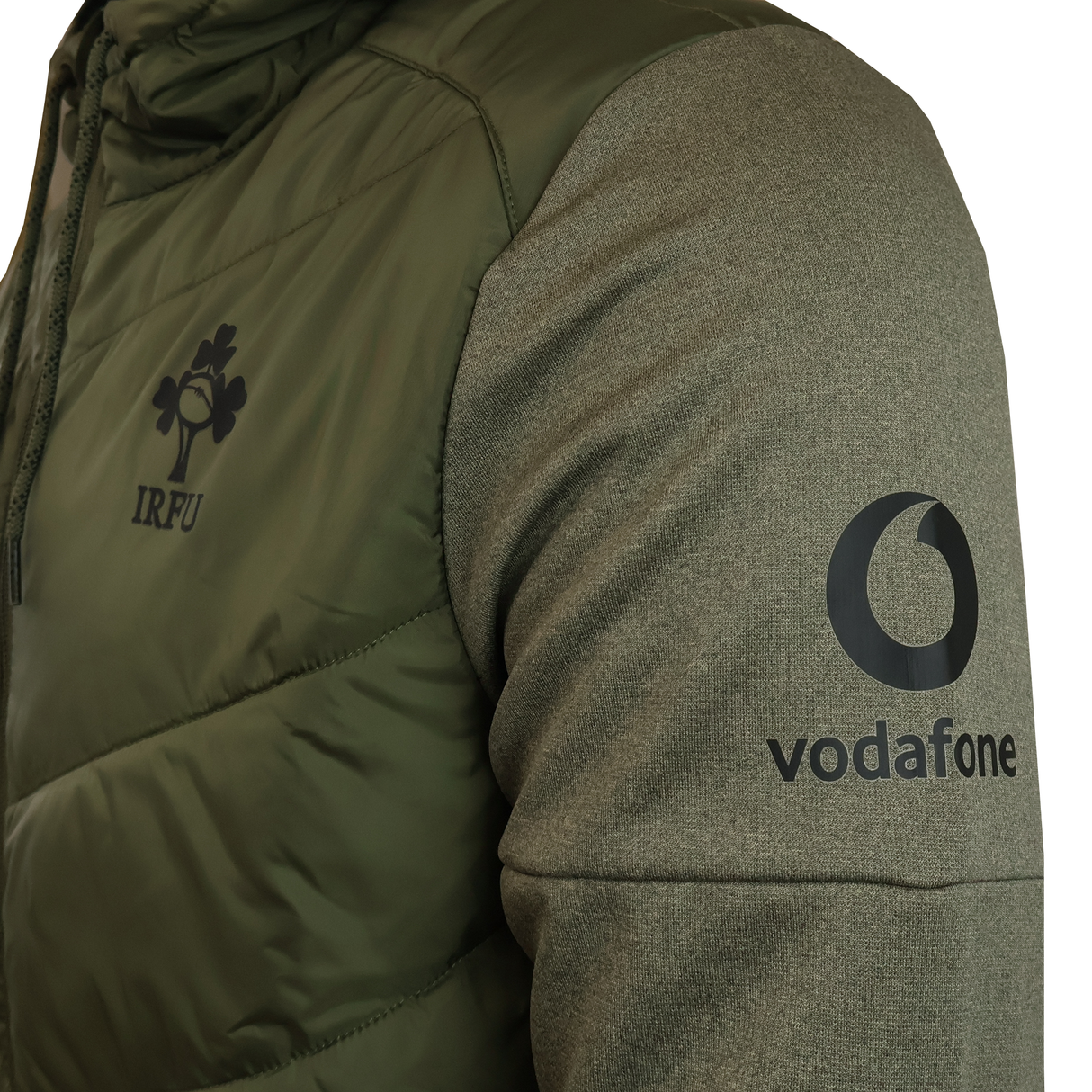 Close-up of the Canterbury Ireland 25/26 Hybrid Padded Jacket, a water-resistant coat with ThermoReg heat retention, featuring the IRFU logo on the chest and the Vodafone logo on the sleeve.
